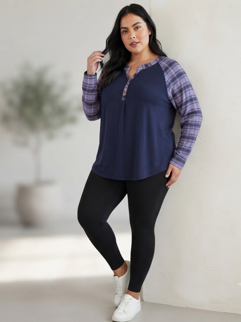 BloomChic Purple Checkered Henley Top